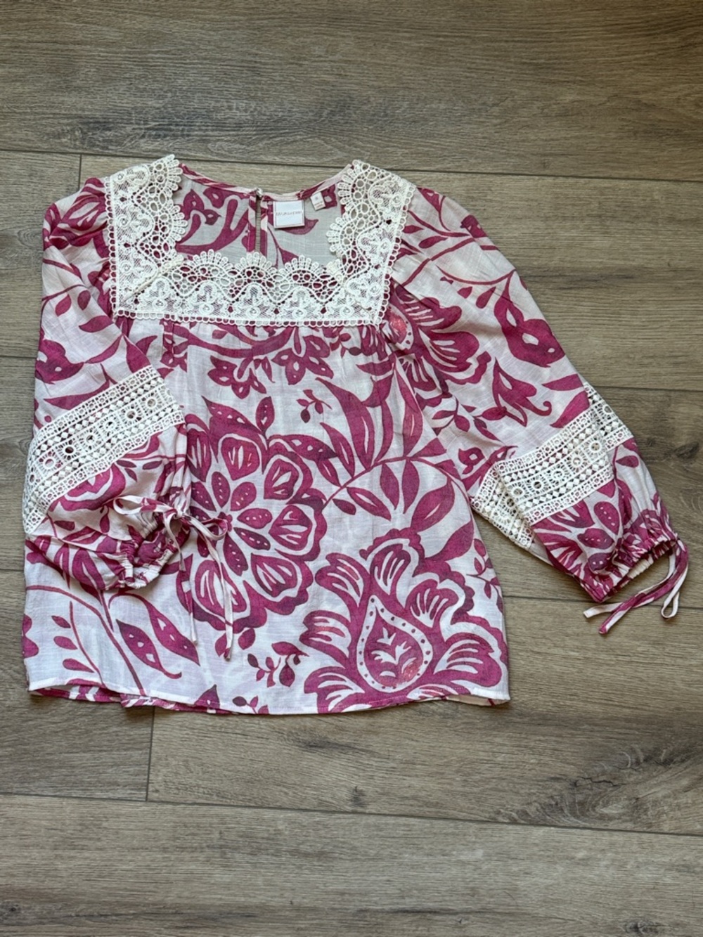 Zac & Rachel Pink Floral Lace-Trim Peasant Blouse